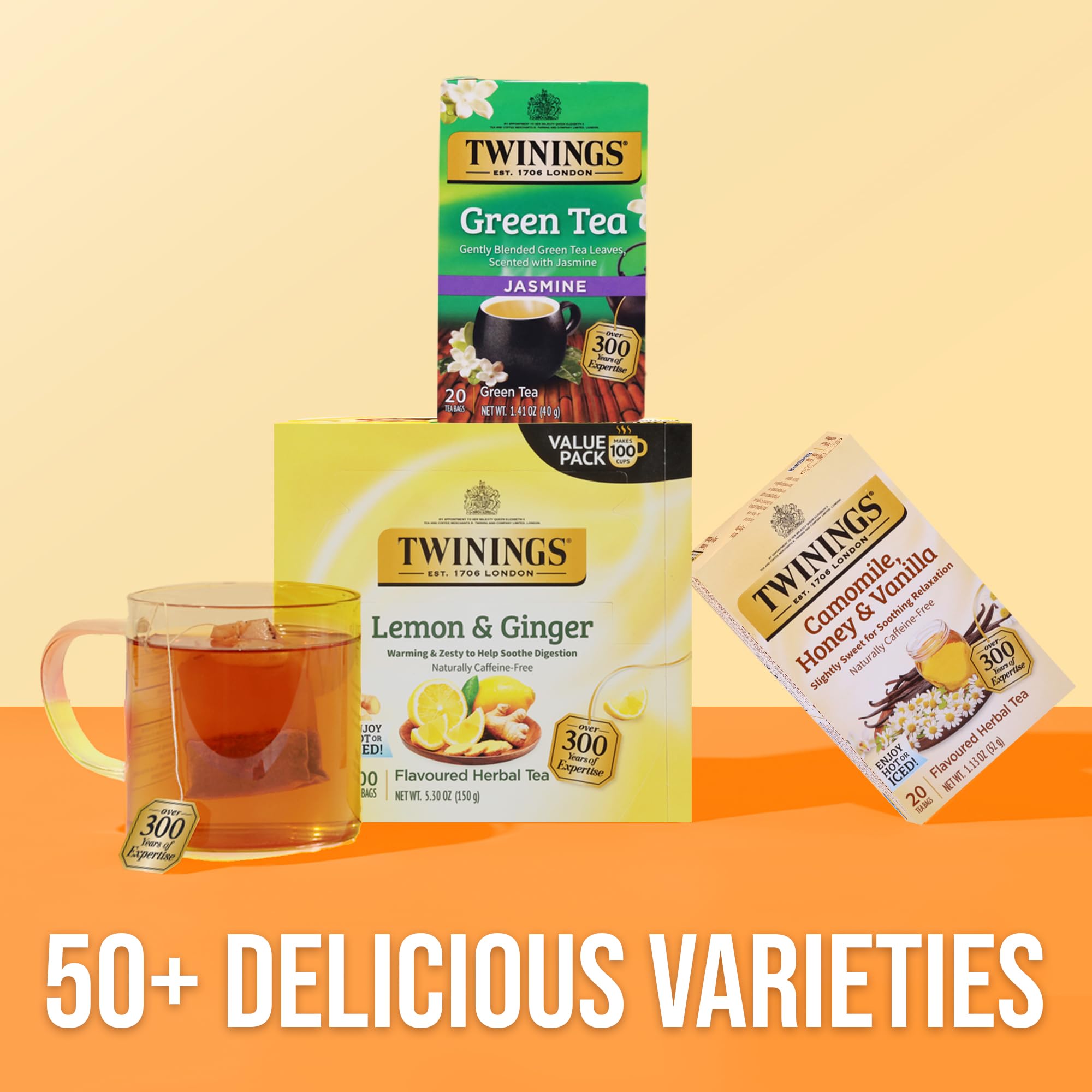 Twinings Camomile Honey Vanilla brand heritage storefront image emphasizes quality and tradition.