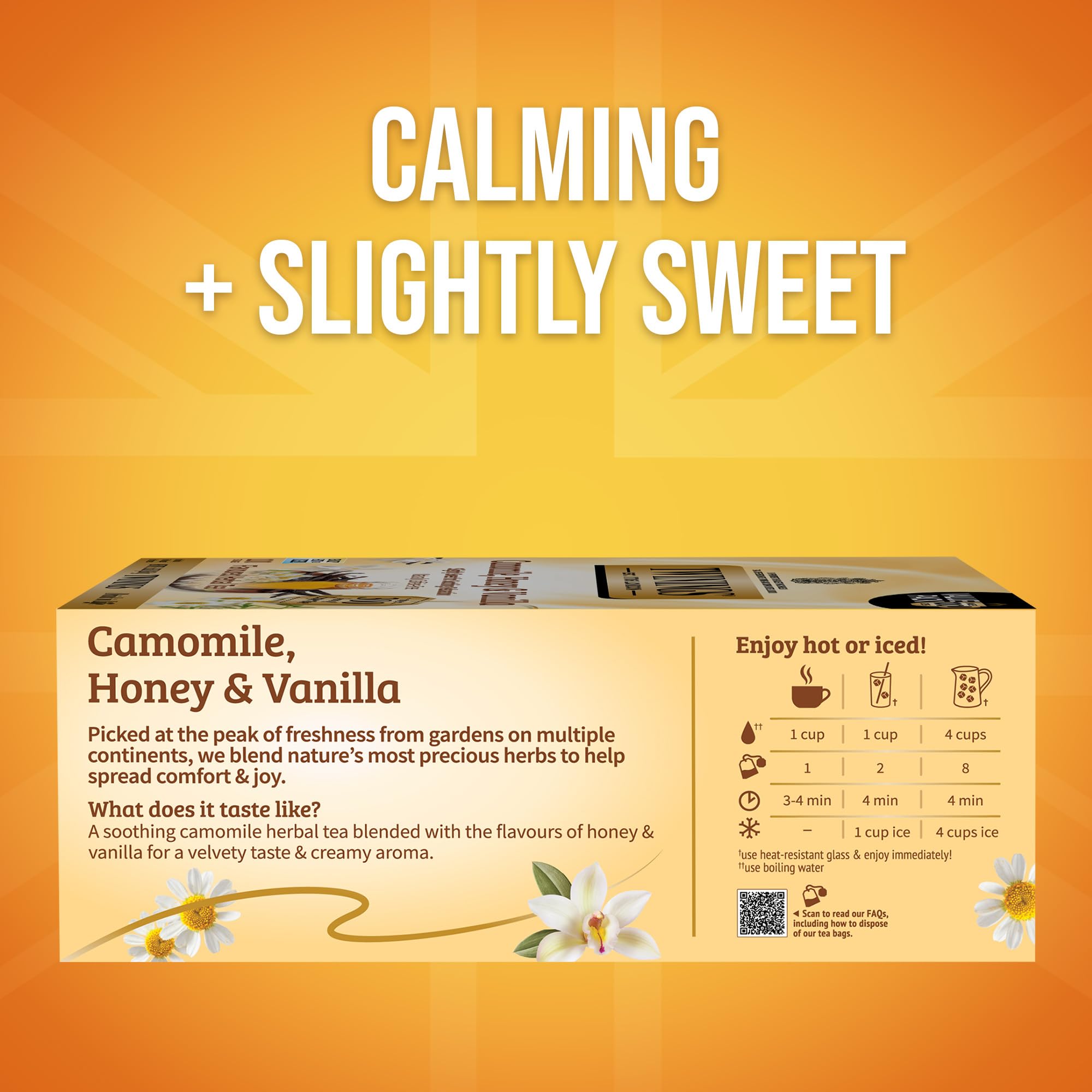 Twinings Camomile Honey Vanilla packaging showcasing premium herbal blend.