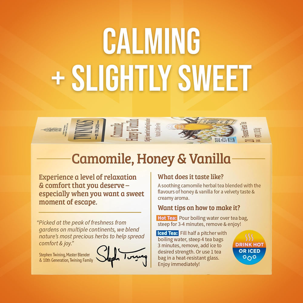 Twinings Camomile Honey Vanilla steeping cup capturing a soft floral aroma.