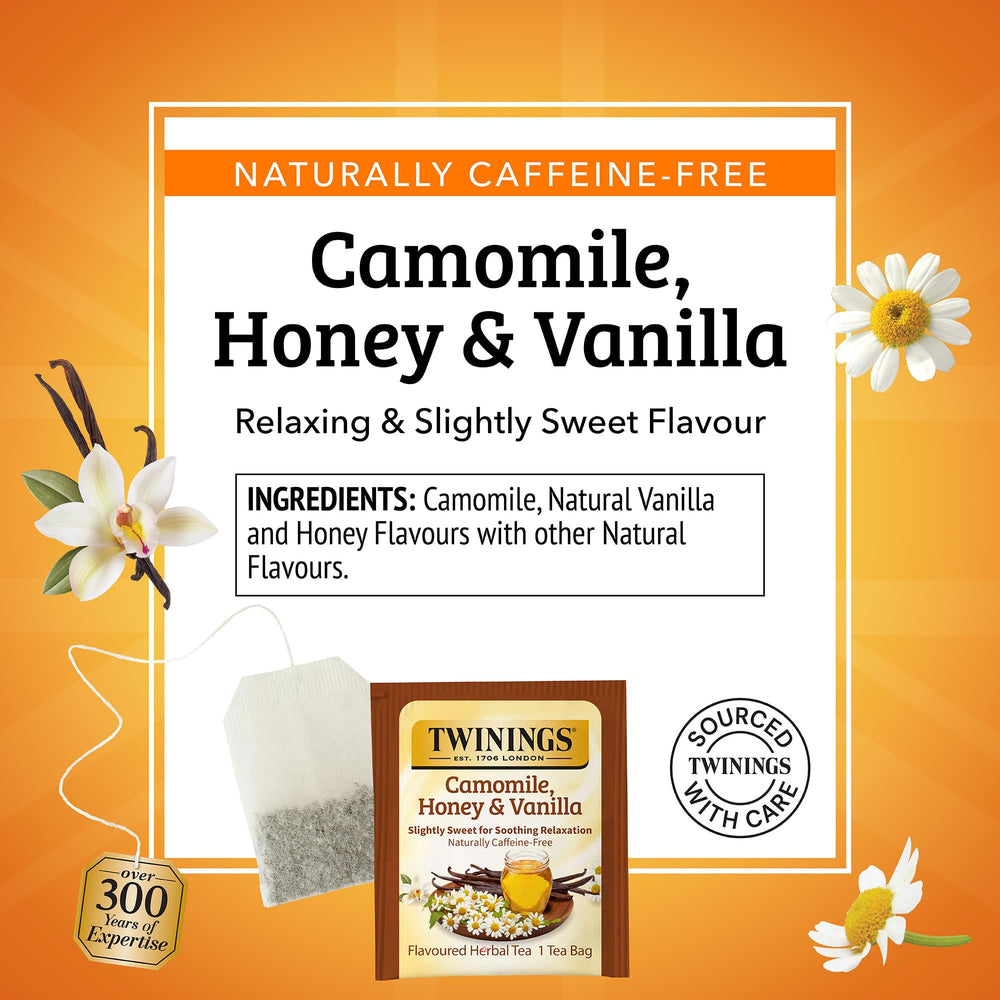 Twinings Camomile Honey Vanilla tea bag closeup showing delicate blossoms.