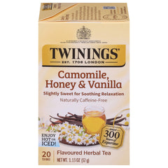 Twinings Camomile Honey Vanilla tea bags for a soothing, caffeine-free cup.