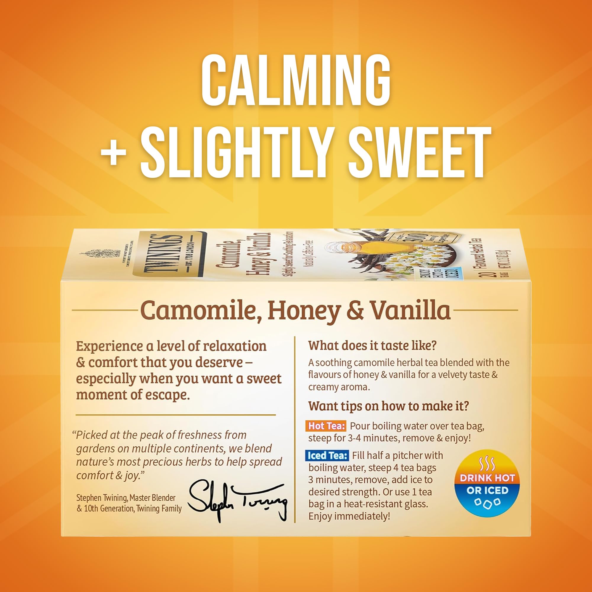 Twinings Camomile Honey Vanilla tea in hot cup with floral aroma