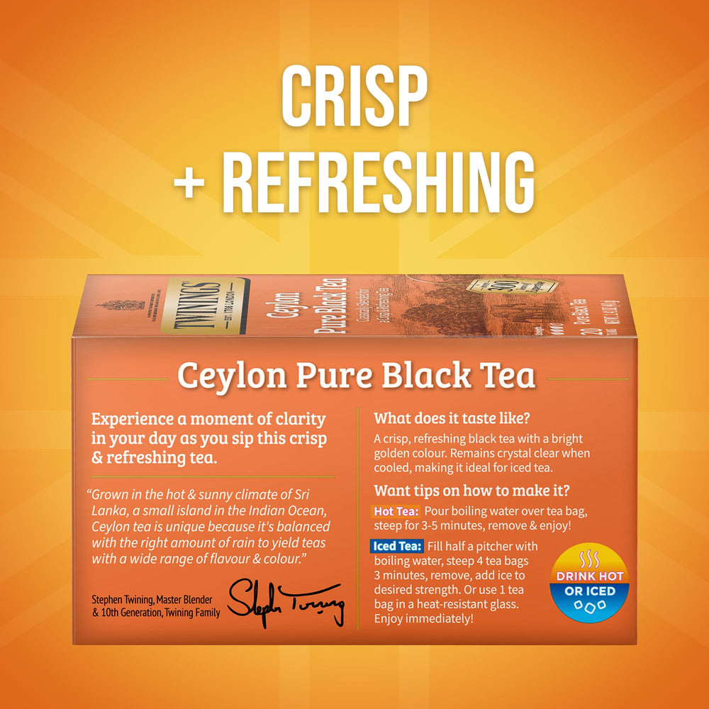 Twinings Ceylon Pure Black Tea bags, individually wrapped for on-the-go freshness.