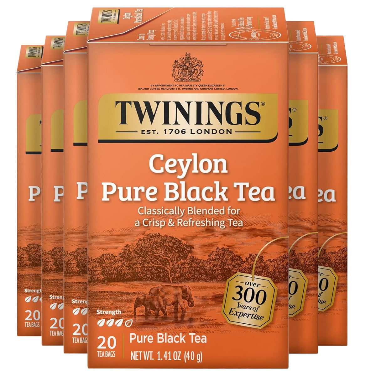 Twinings Ceylon Pure Black Tea bags pack of six, individually wrapped for lasting freshness.