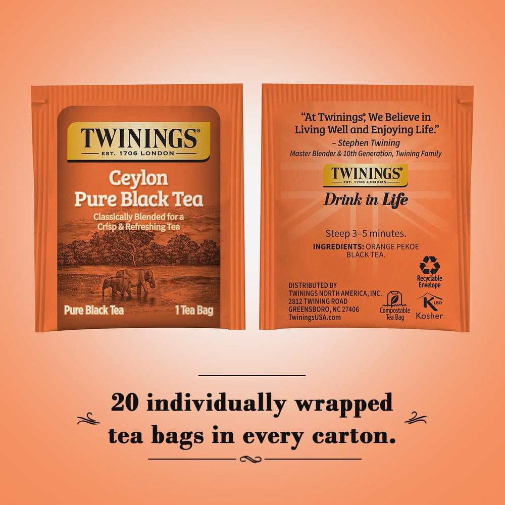 A cup of Twinings Ceylon Pure Black Tea with a rich amber brew.