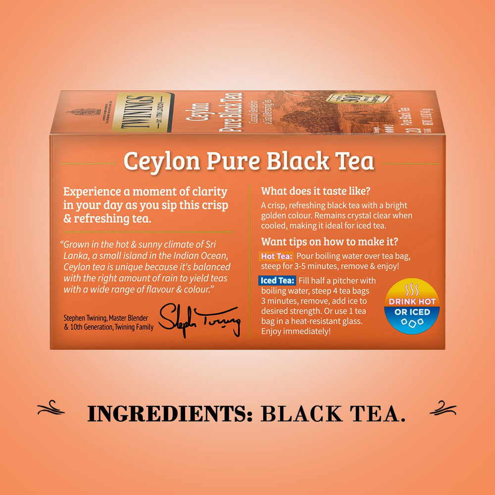 Individually wrapped Twinings Ceylon Pure Black Tea bags preserve freshness.