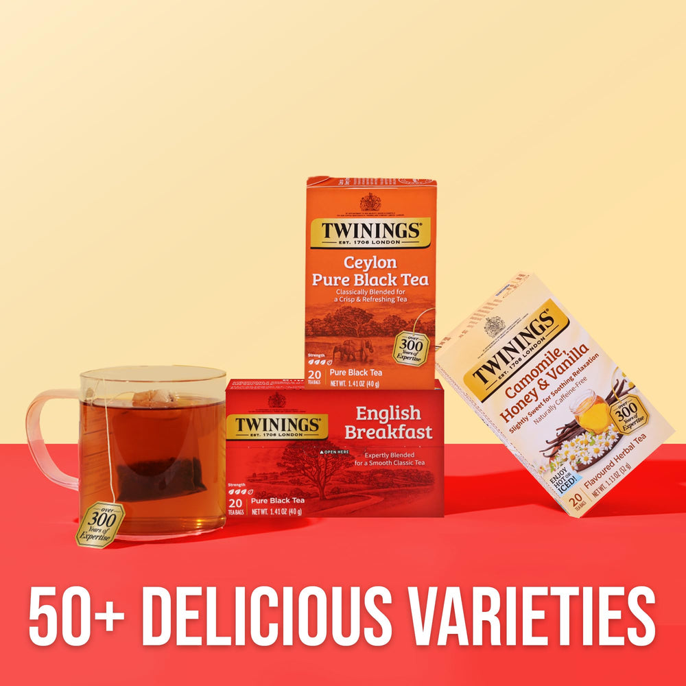 Twinings Ceylon Pure Black Tea six-pack flatlay for everyday convenience.