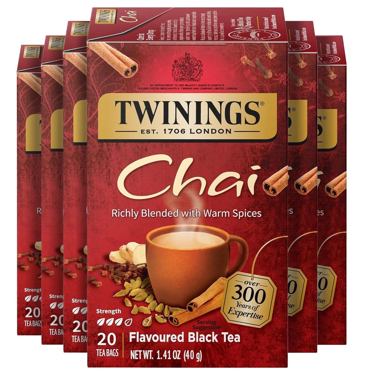 Twinings chai black tea box pack6 showing six-pack packaging for long-term supply