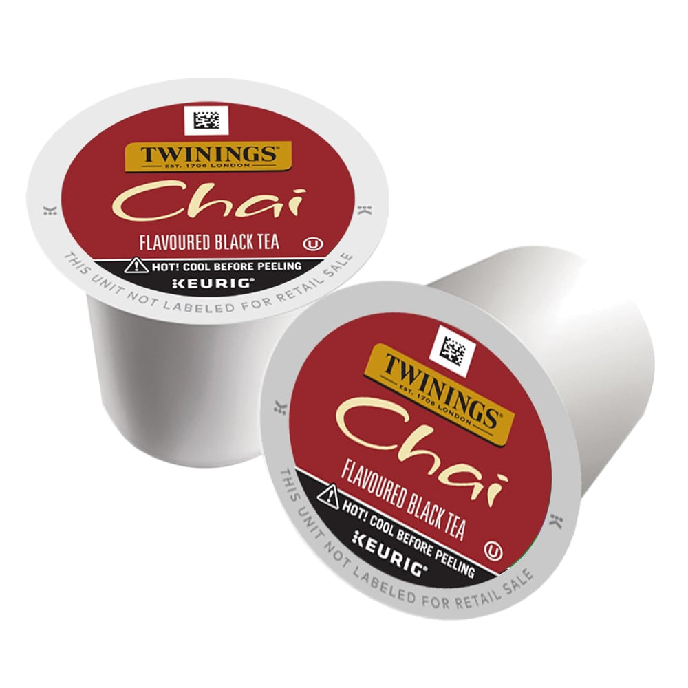 Twinings Chai Black Tea K-Cup Pods cup-ready, perfect for quick hot tea.