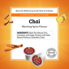 Twinings Chai Black Tea K-Cup Pods hot brew ready in minutes.