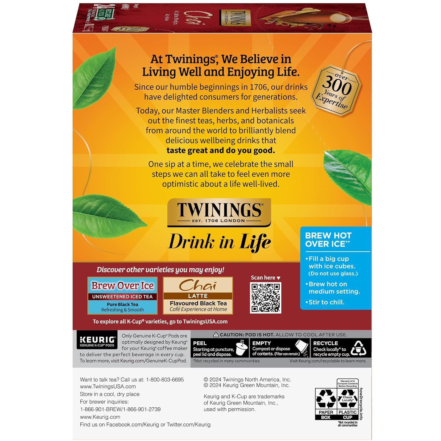 Twinings Chai Black Tea K-Cup Pods next to hot cup and saucer.