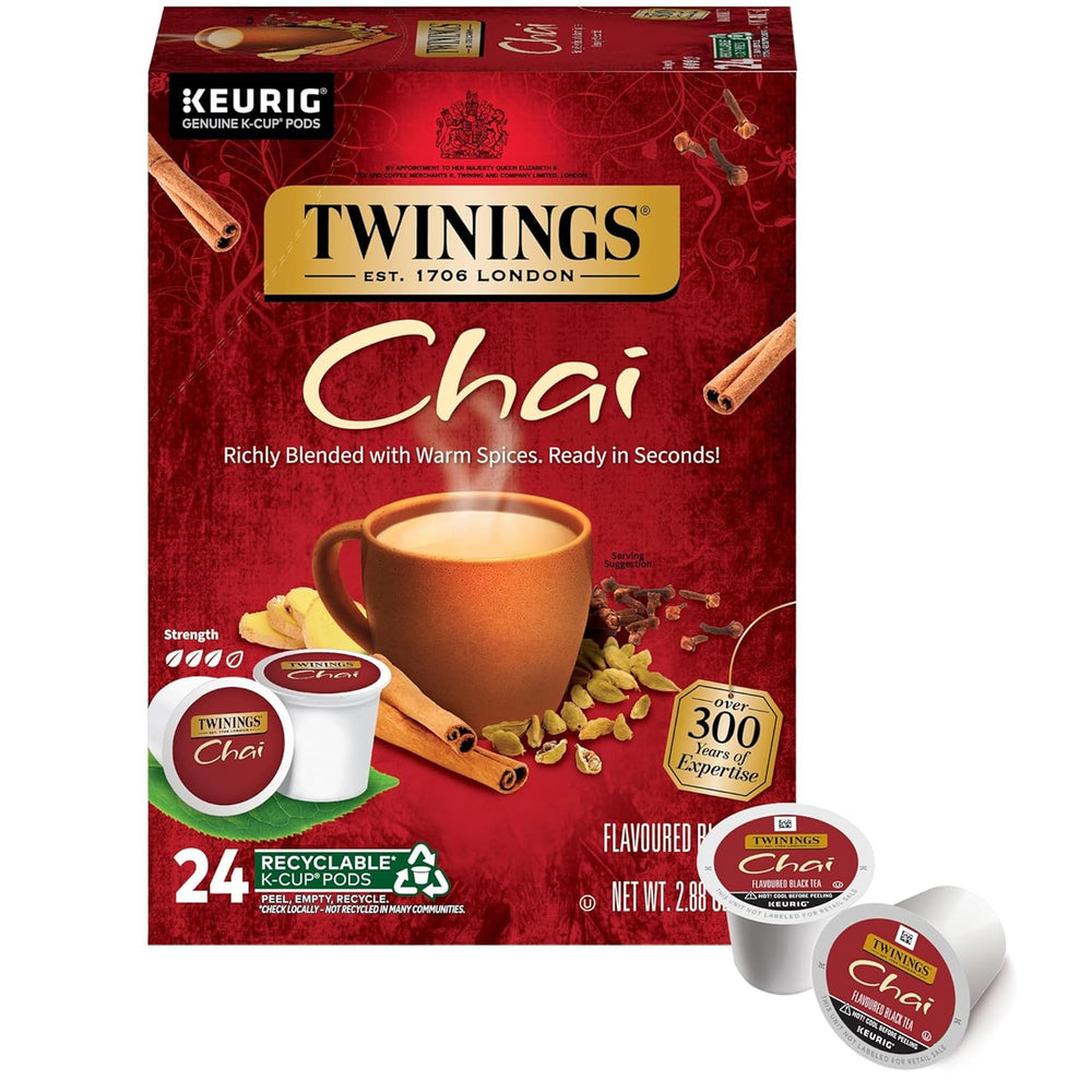 Twinings Chai Black Tea K-Cup Pods pack for bold morning flavor.