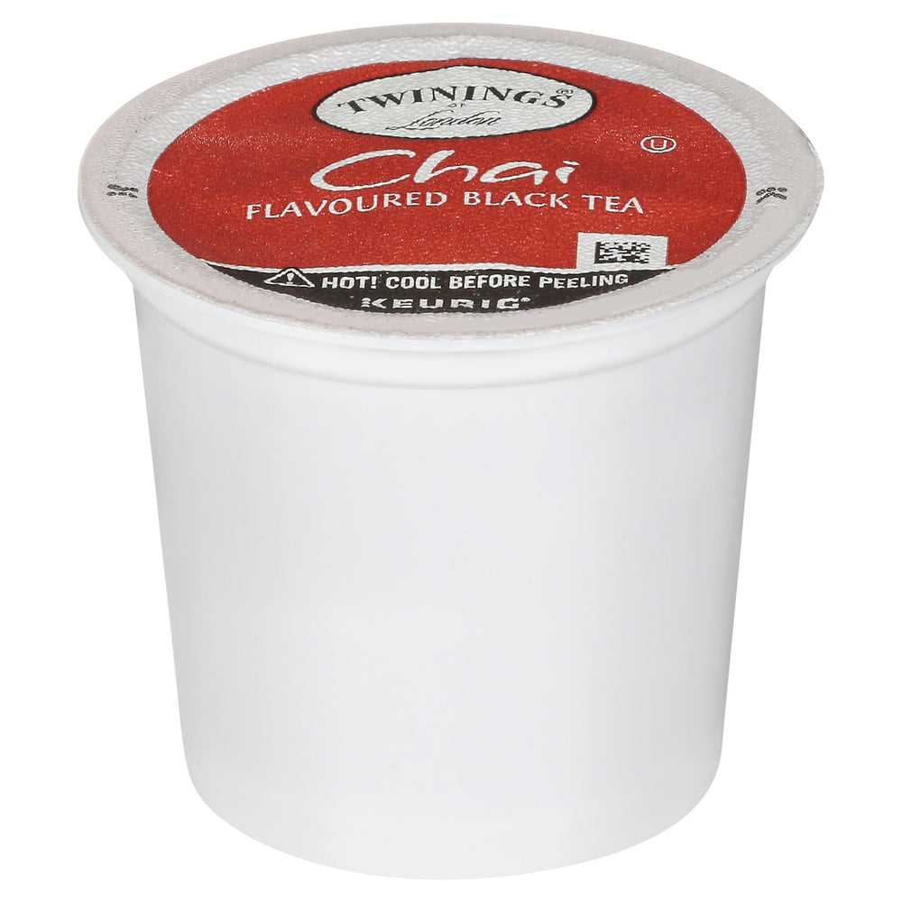 Twinings Chai Black Tea K-Cup Pods packaging with steam above a teacup.