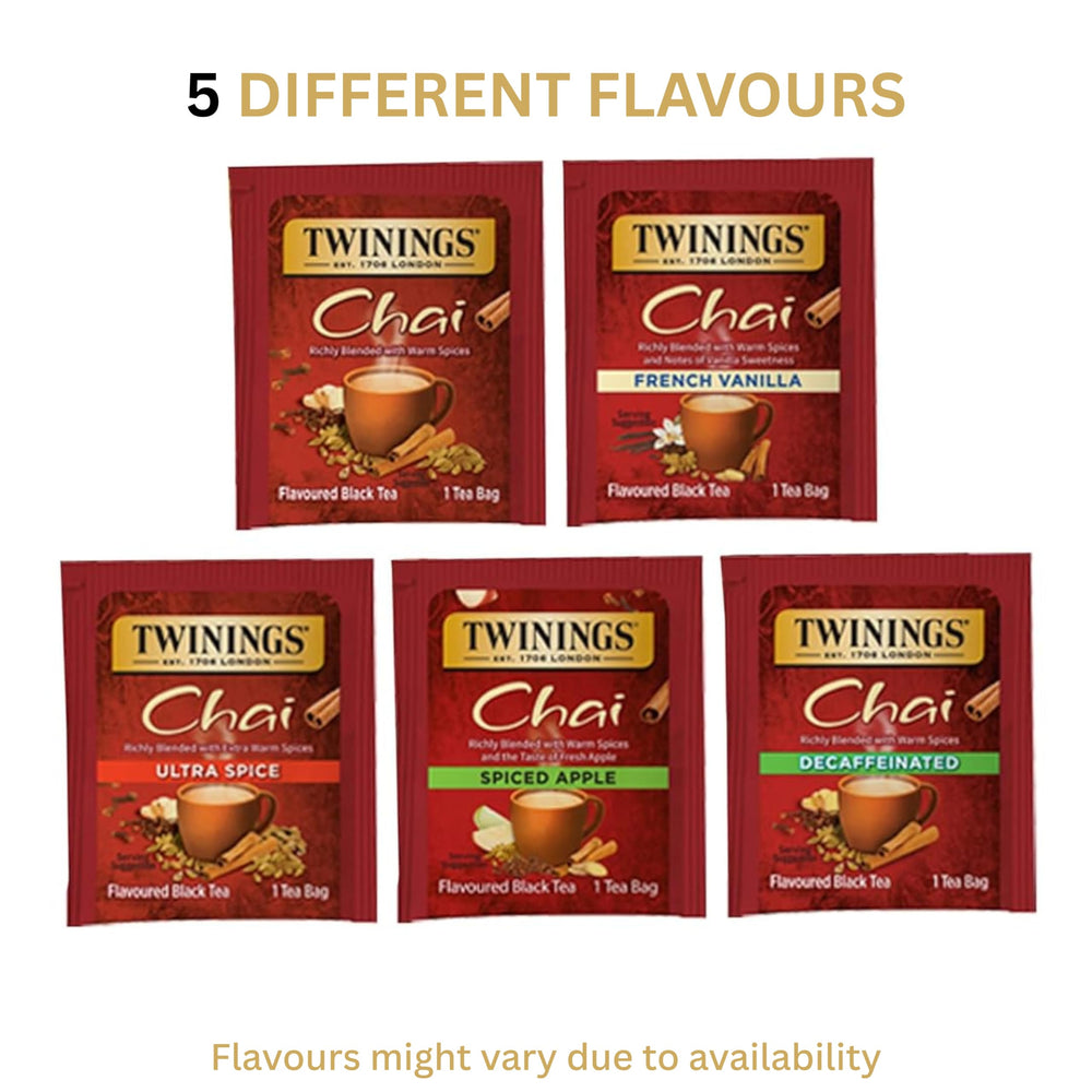 Close-up of Twinings chai flavors tea bags for discovering new tastes.