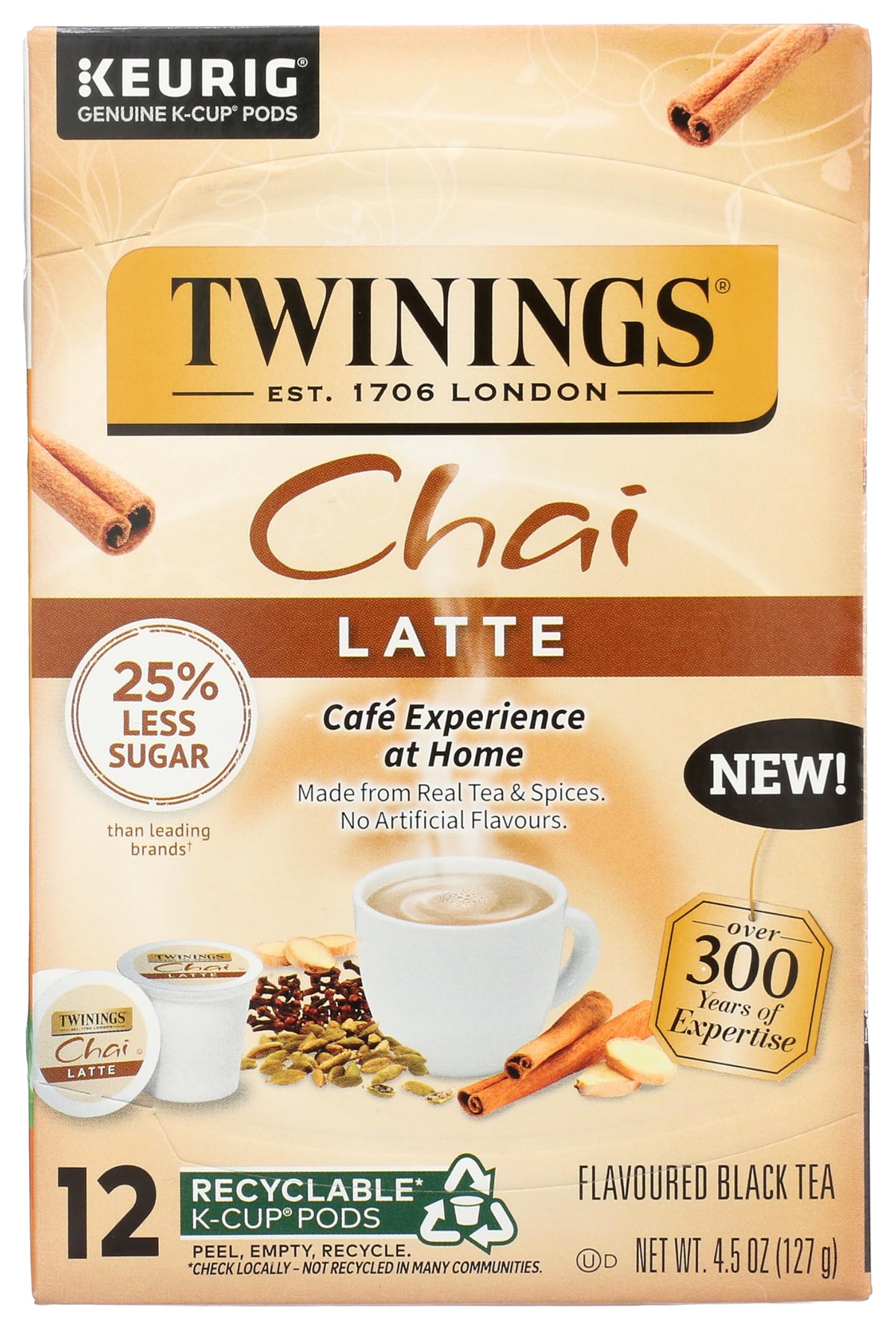 Twinings Chai Latte K-Cup cup steams creamy latte, perfect morning