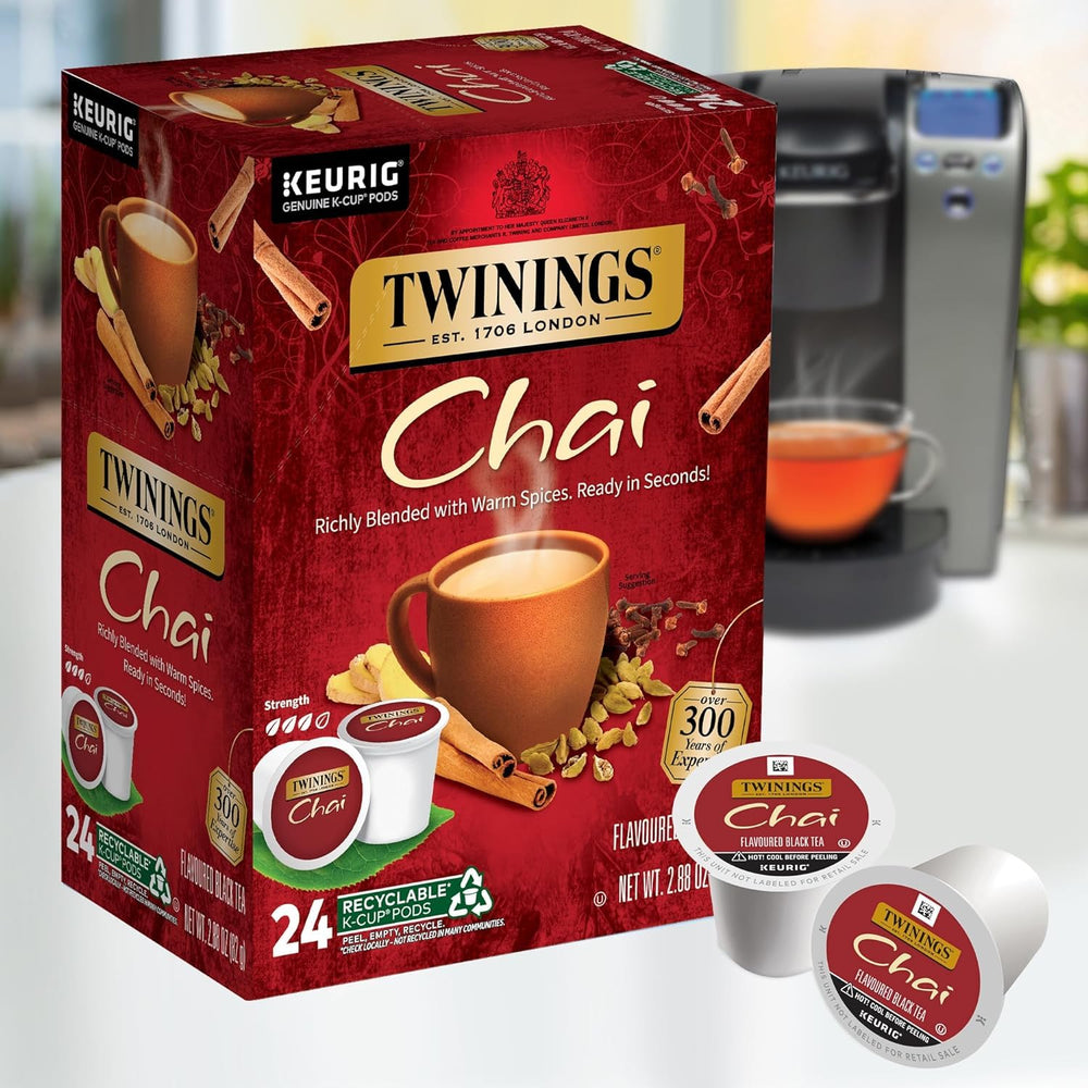 Twinings chai spice blend close-up with cinnamon, cardamom, cloves, ginger.