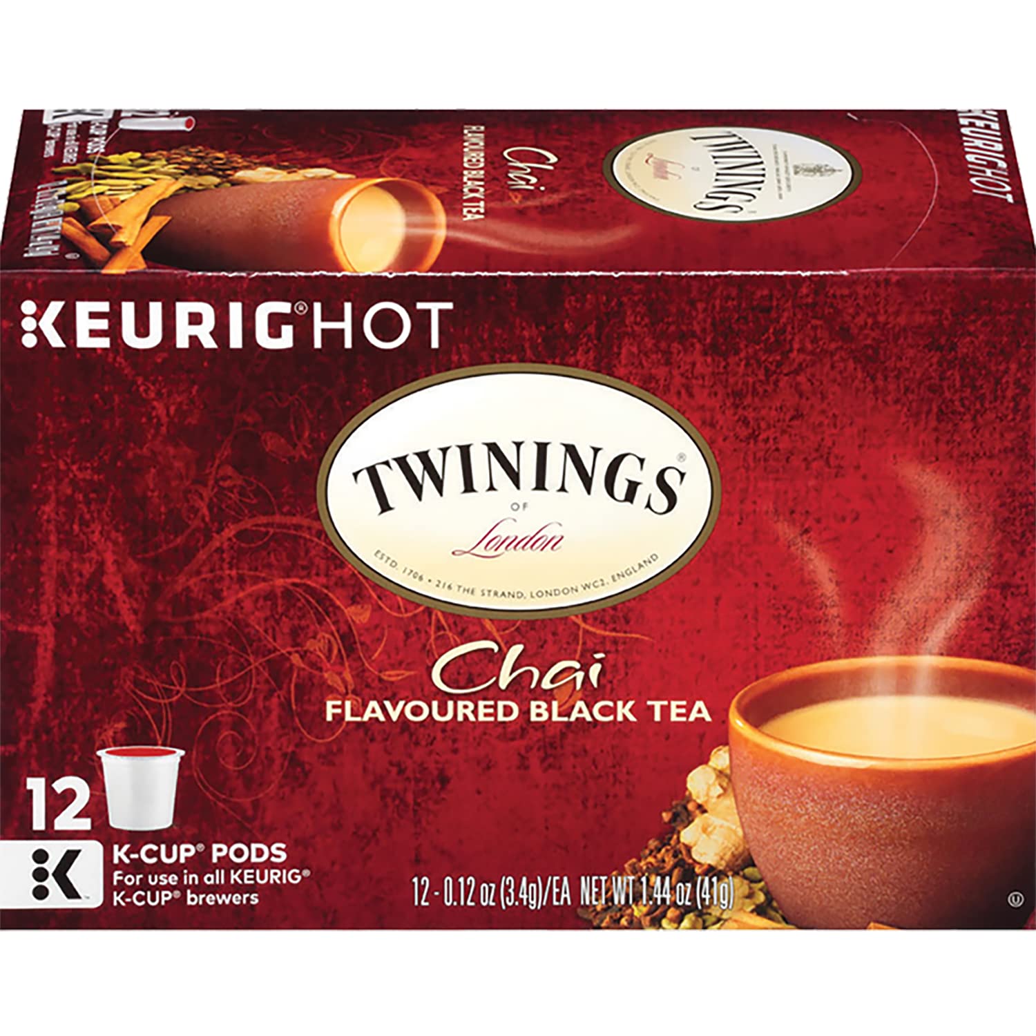 Steaming cup of Twinings chai tea after brewing for cozy moments
