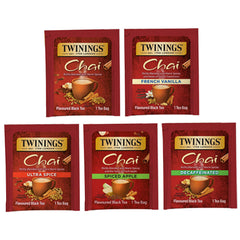Twinings Chai tea bag sampler box displaying five flavors for sharing.