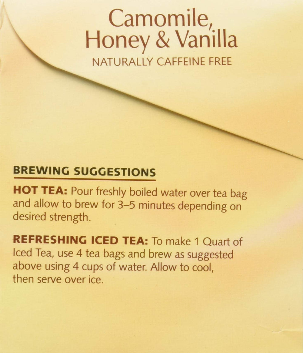 Steeped Twinings Chamomile Honey Vanilla tea steaming in a cup.