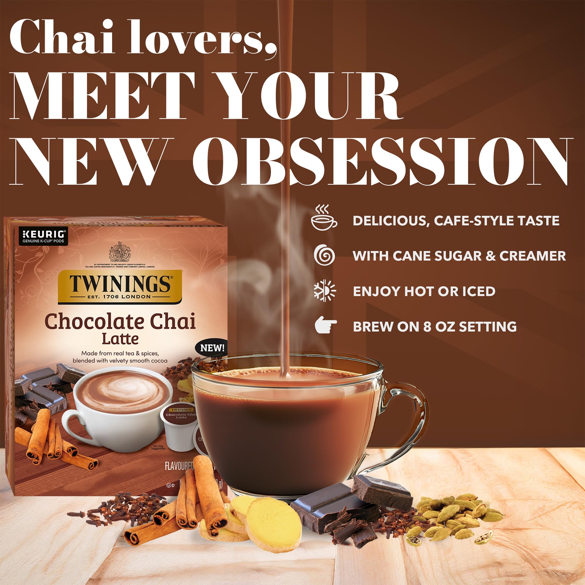 Twinings Chocolate Chai Latte tea blend with spices for rich, inviting flavor.