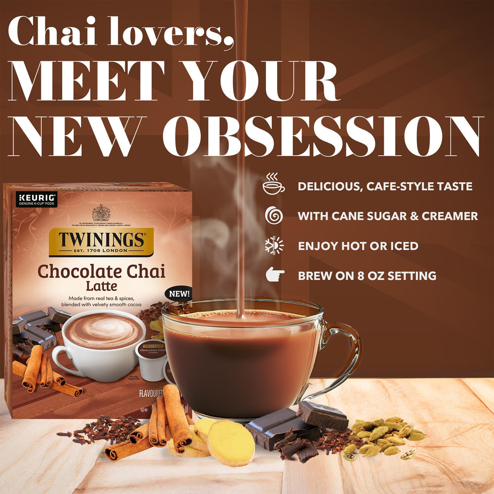 Twinings Chocolate Chai Latte tea blend with spices for rich, inviting flavor.