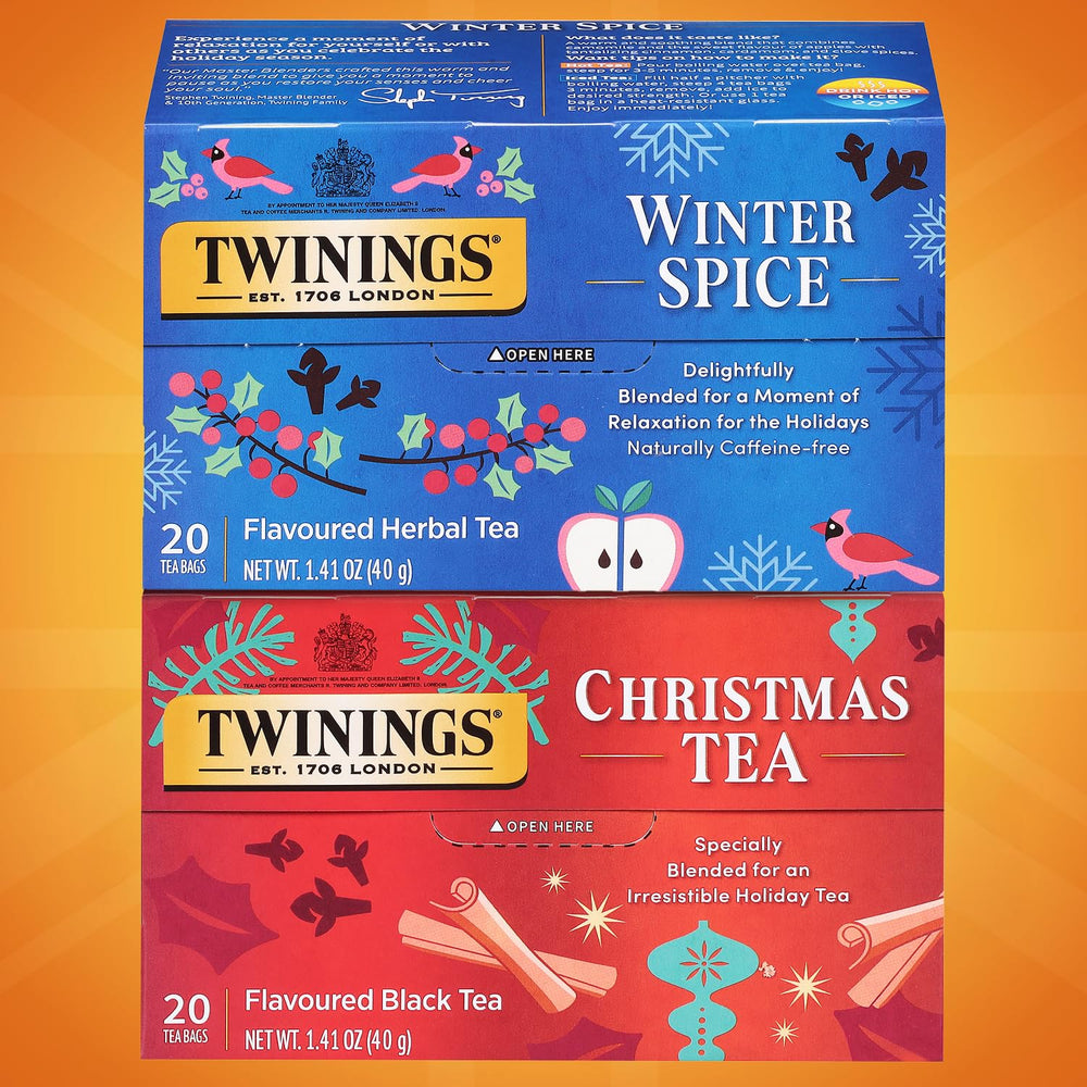 Twinings Christmas Tea bags closeup displaying bold black tea notes