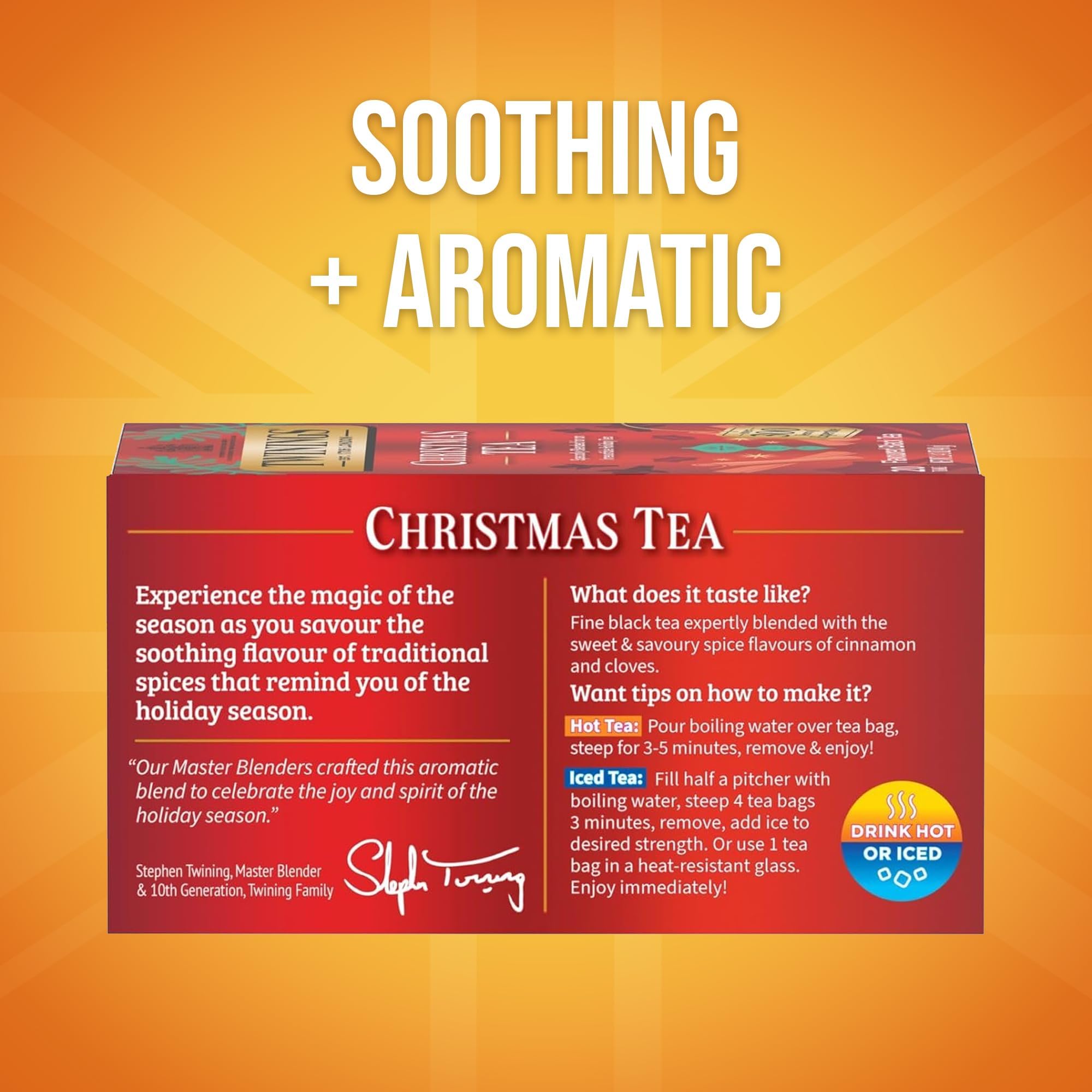 Twinings Christmas Tea steaming cup highlighting spice aroma for cozy flavor.