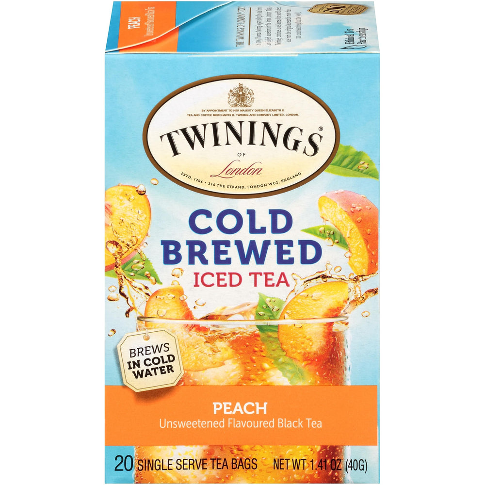 Twinings Peach Cold Brew tea bags on the package for quick refreshment.