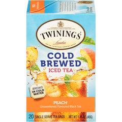 Twinings Peach Cold Brew tea bags on the package for quick refreshment.