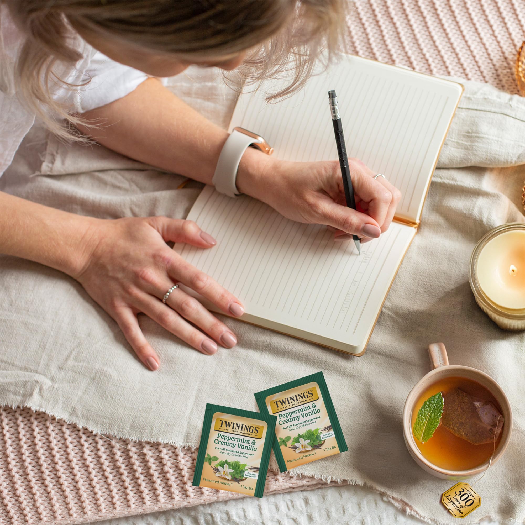 Creamy vanilla notes balance peppermint in Twinings herbal tea, rich aroma