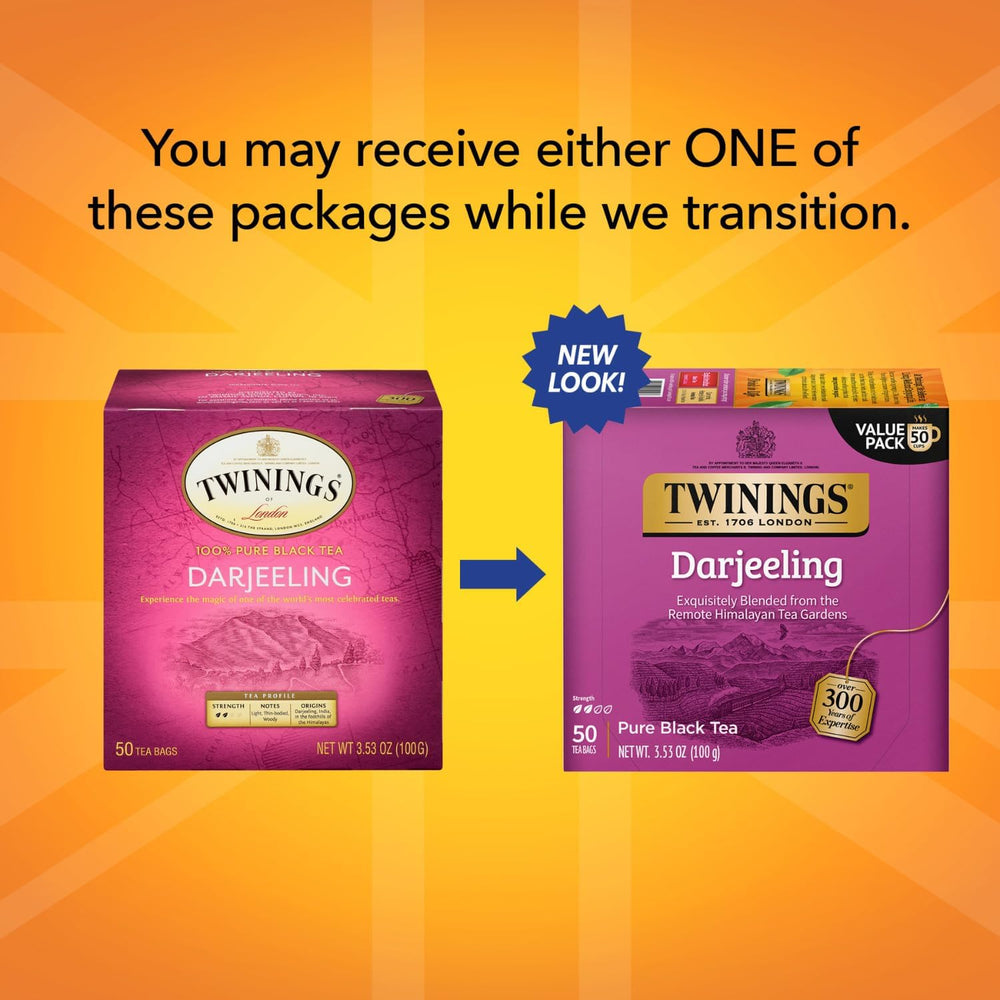 Individually wrapped Twinings Darjeeling tea bags for on-the-go freshness