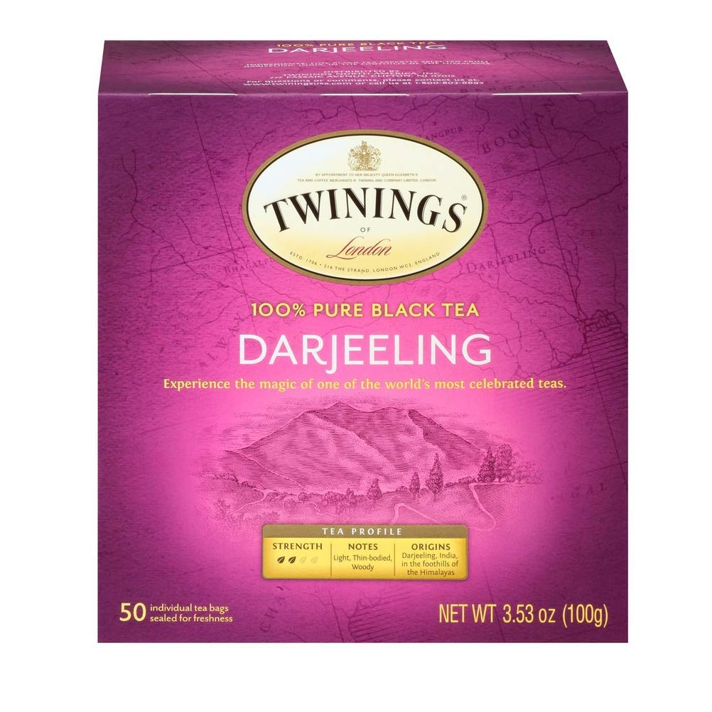 Twinings Darjeeling tea bags packaging showcases premium leaves for a refined daily ritual.