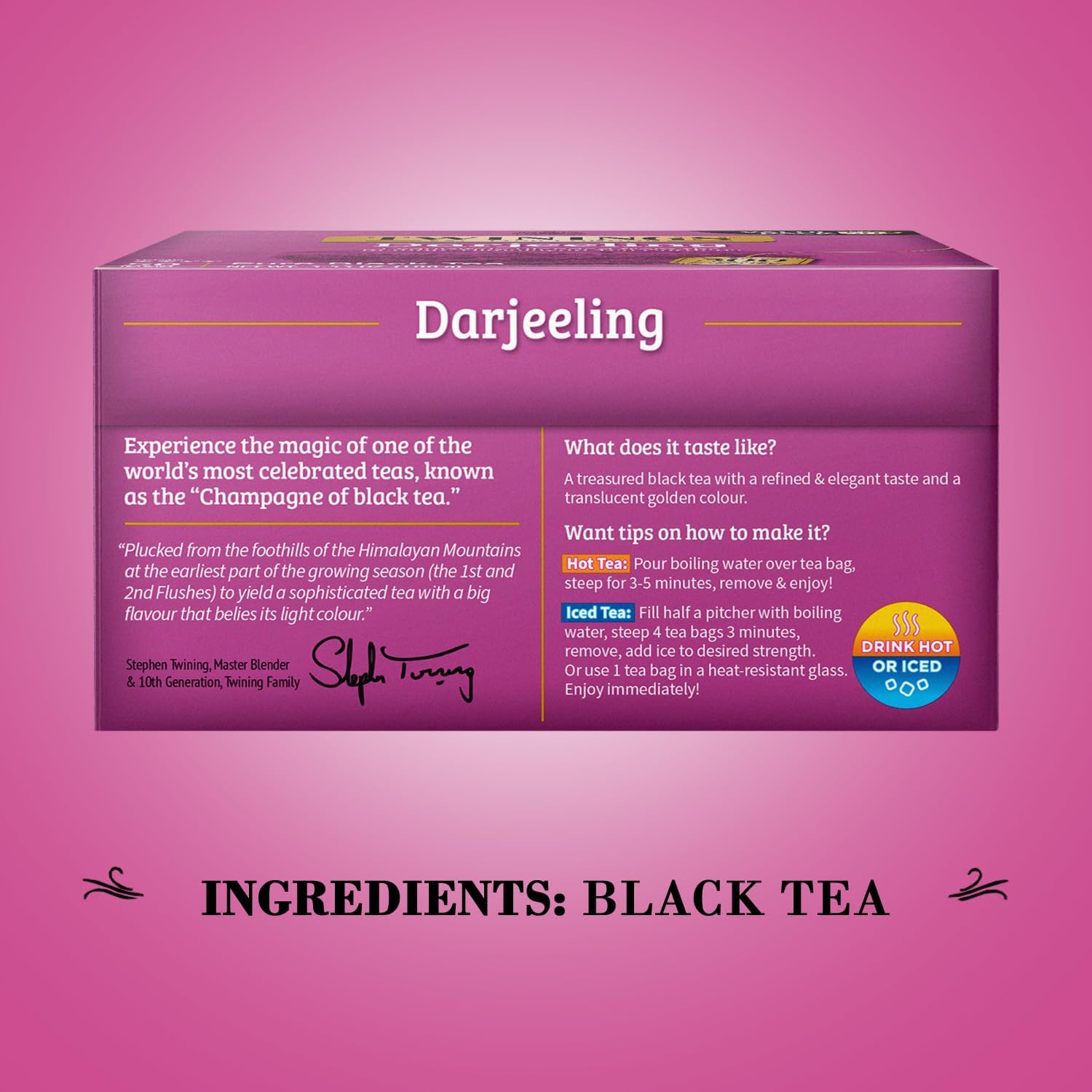 Cup of Twinings Darjeeling steeping with a light-bodied, woody note