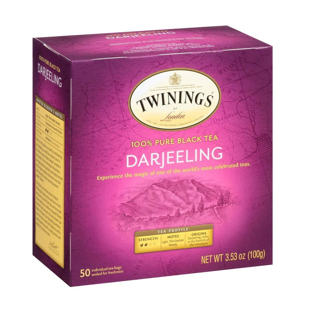 Twinings Darjeeling tea packets inside box signify freshness in every individually wrapped bag.
