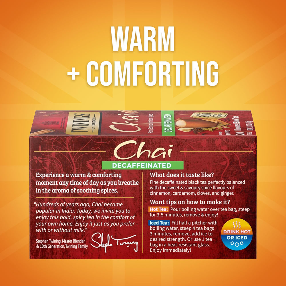 Twinings Decaf Chai tea bags closeup—premium blend of cinnamon and cardamom.