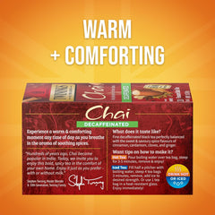 Twinings Decaf Chai tea bags closeup—premium blend of cinnamon and cardamom.