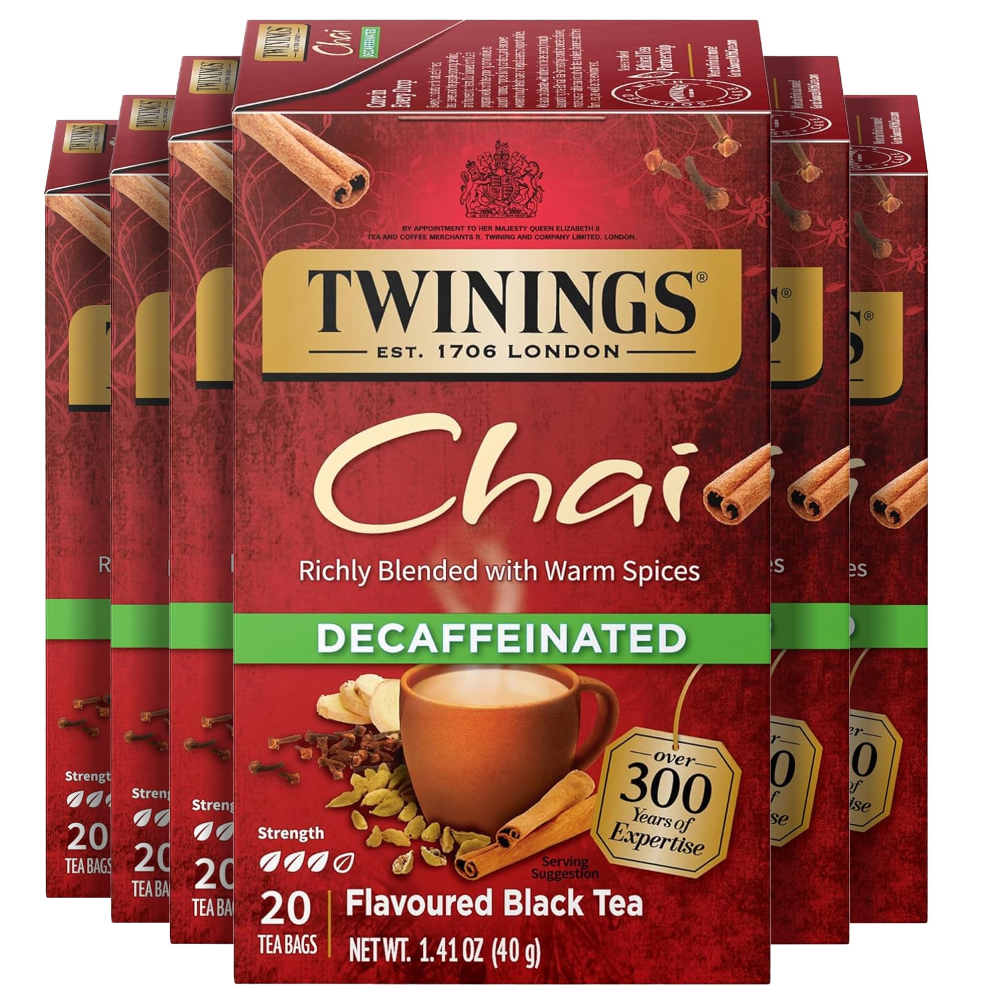 Twinings Decaffeinated Chai tea bags pack front—bold spice aroma for comforting hot or iced cups.