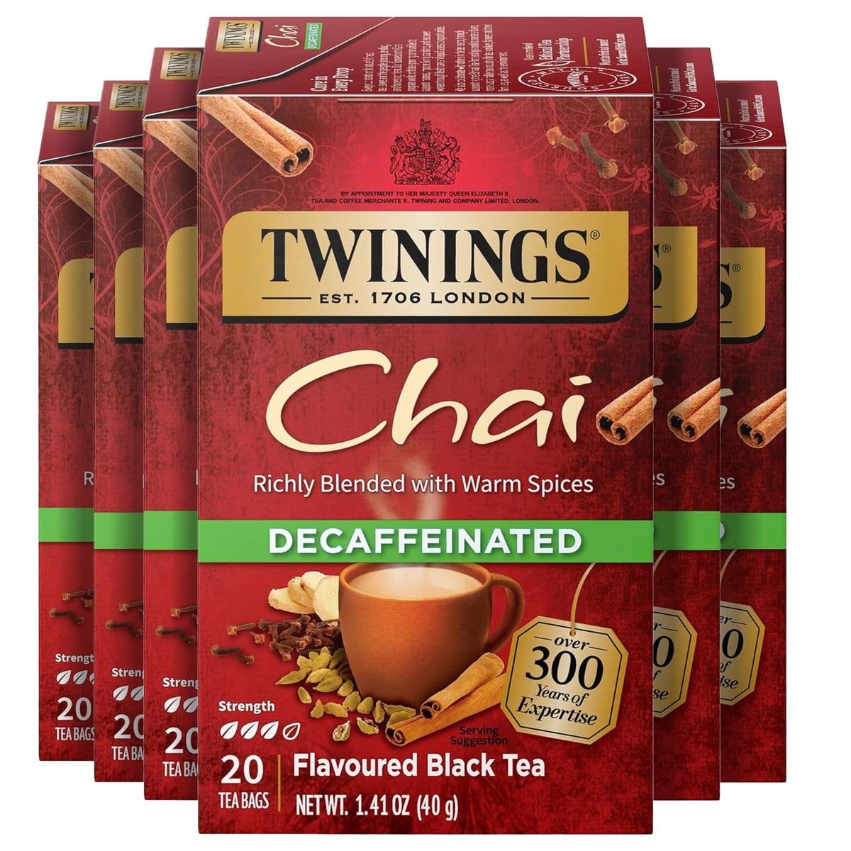 Twinings Decaffeinated Chai tea bags pack front—bold spice aroma for comforting hot or iced cups.