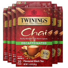 Twinings Decaffeinated Chai tea bags pack front—bold spice aroma for comforting hot or iced cups.