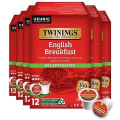 Twinings decaf English Breakfast K-Cup pods provide smooth caffeine-free flavor for Keurig brewers.