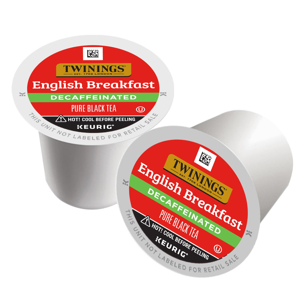 Twinings Decaf English Breakfast Tea pod for Keurig, convenient caffeine-free option.