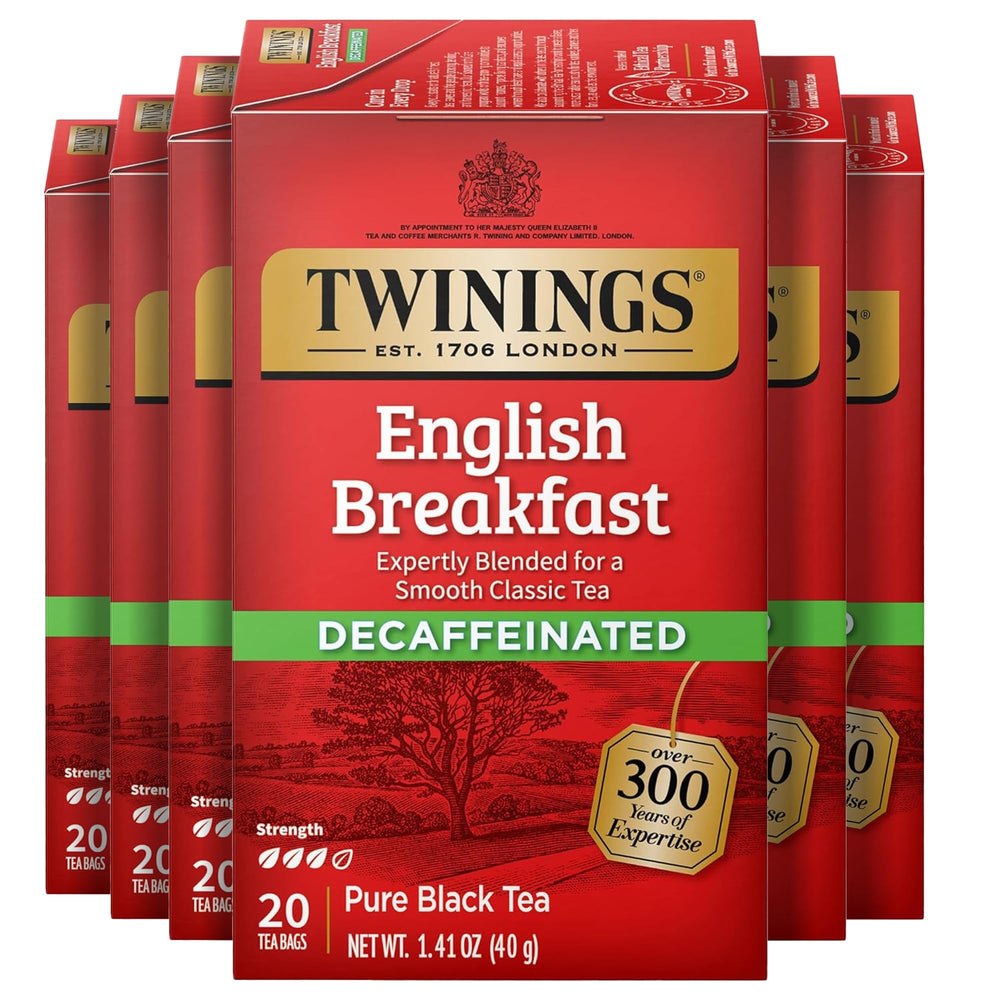 Twinings Decaf English Breakfast tea box ready to brew a caffeine-free morning.