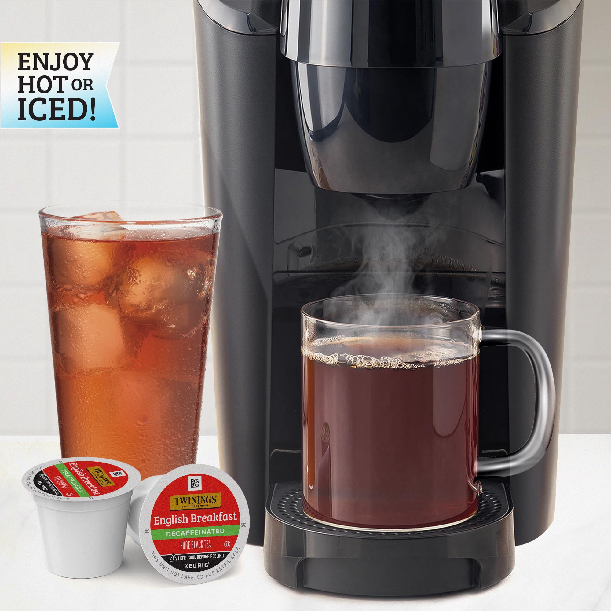 Twinings decaf box with 56 K-Cup pods for quick hot or iced tea.