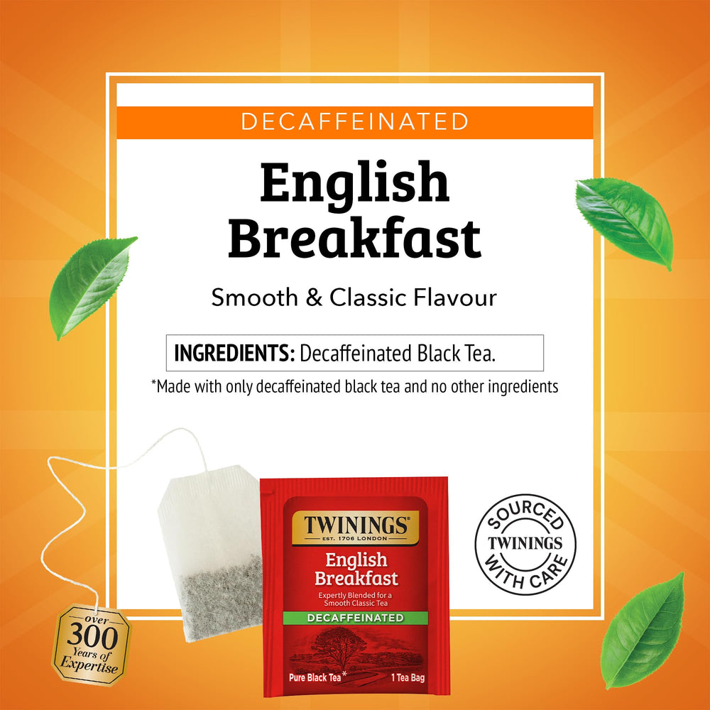 Twinings Decaf English Breakfast cup, hot or iced, ready to enjoy.