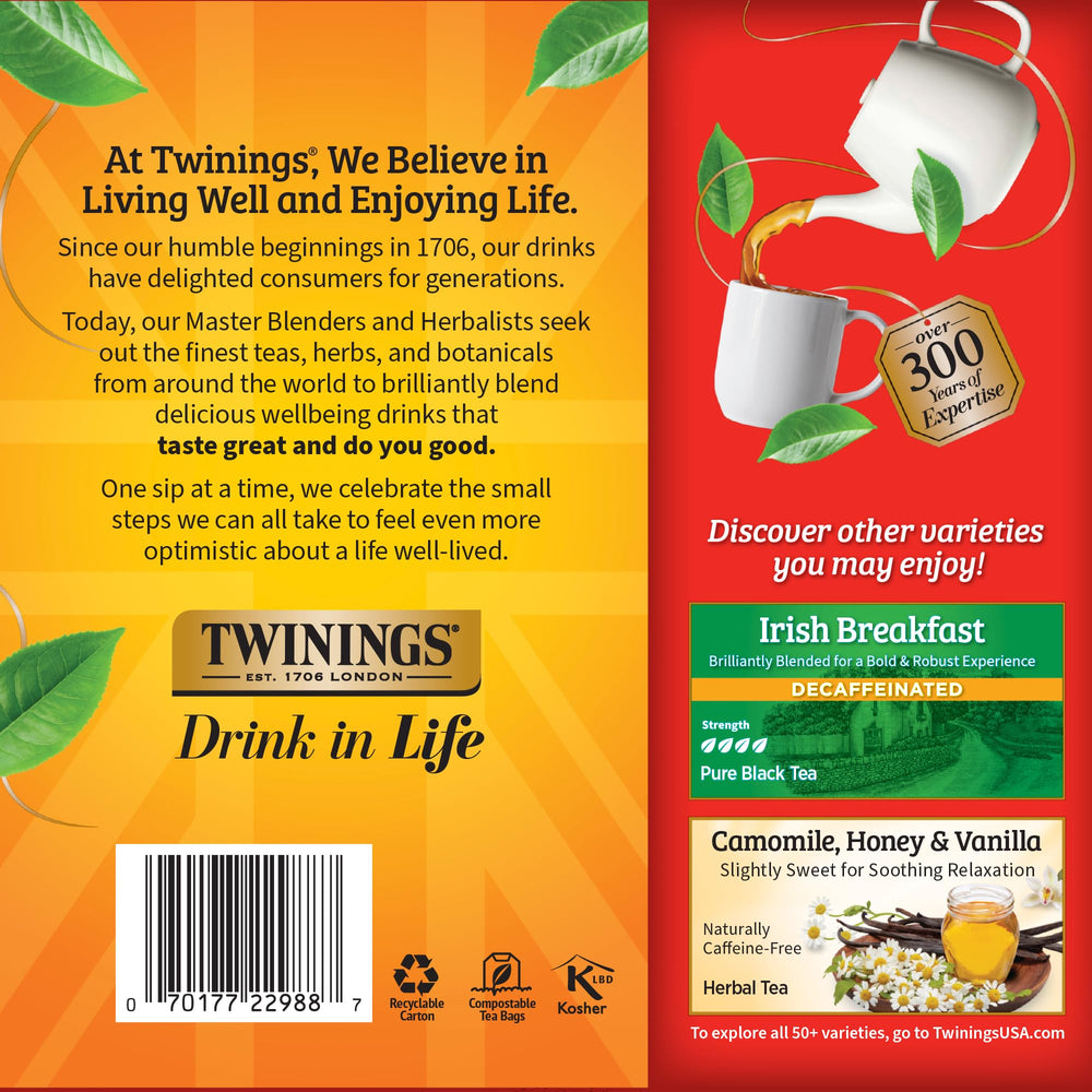 Twinings Decaf English Breakfast tea on the go in a sealed bag.