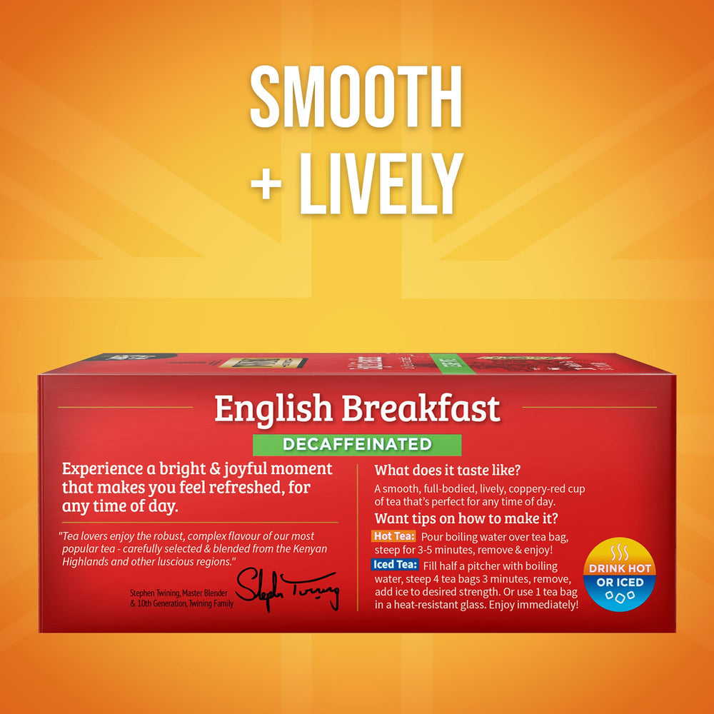 Twinings Decaf English Breakfast packaging preserves freshness for on-the-go brewing.
