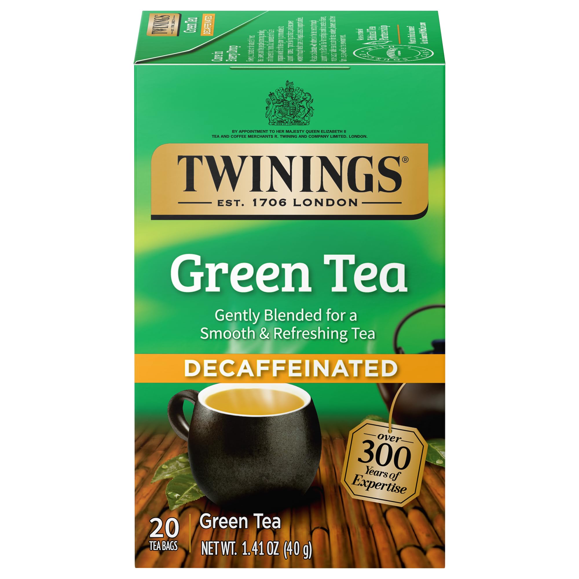 Twinings decaf green tea bags offer a smooth, caffeine-reduced cup.