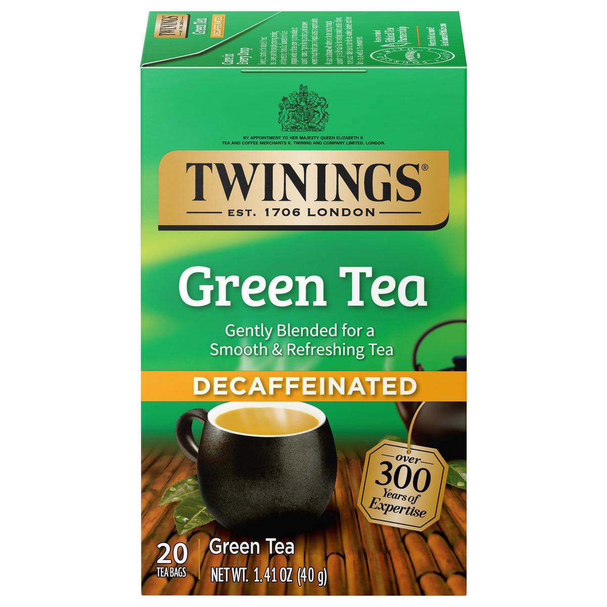Twinings decaf green tea bags offer a smooth, caffeine-reduced cup.