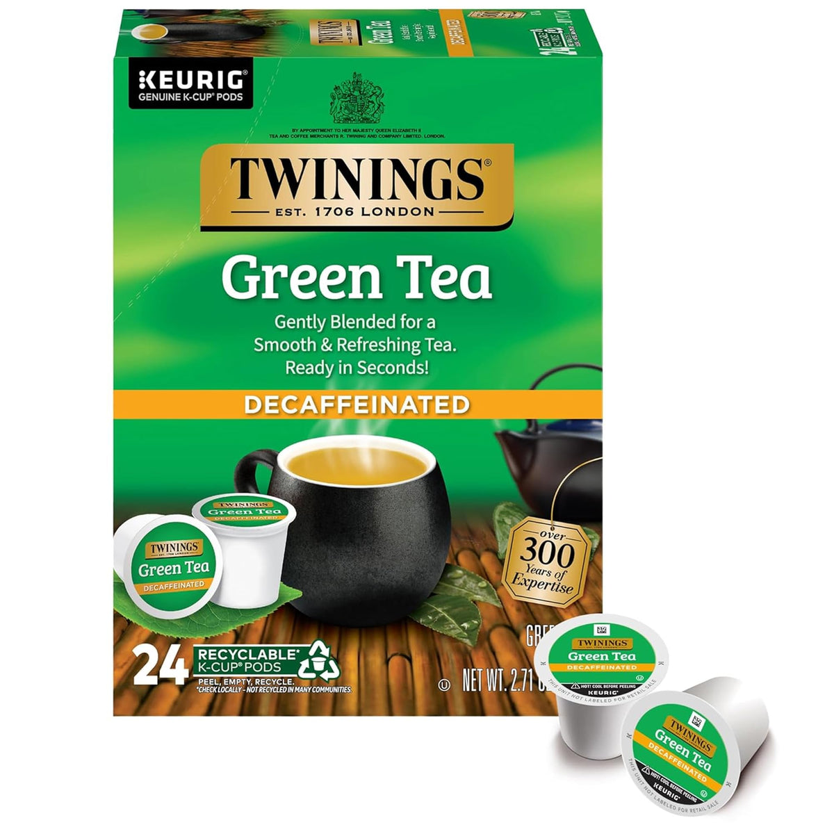 Twinings decaf green tea K-Cup pods box for quick caffeine-free brewing
