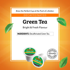 Close-up of Twinings decaf green tea pods ready in a Keurig